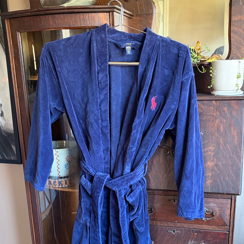 Polo by Ralph Lauren Navy Blue Plush Robe with Pink Pony Logo